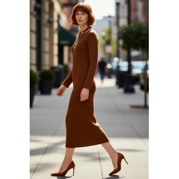 Kadın Polo Yaka Triko Elbise Shift Kalıp Standart Uzun Kol Maxi Boy Rahat Günlük Şık Kombinler İçin