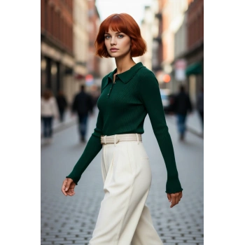 Kadın Polo Yaka Triko Kazak Akrilik Materyal Fitted Kesim Uzun Kollu Casual Şık Görünüm Sunar