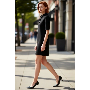 Kadın Polo Yaka Tüvit Dokulu Shift Kalıp Kısa Kollu Mini Elbise Günlük Şık Kullanım İçin İdeal
