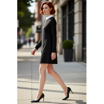 Kadın Polo Yaka Uzun Kollu Mini Shift Elbise Düğmeli Renk Bloklu Şık Örme Tasarım Günlük Kullanım