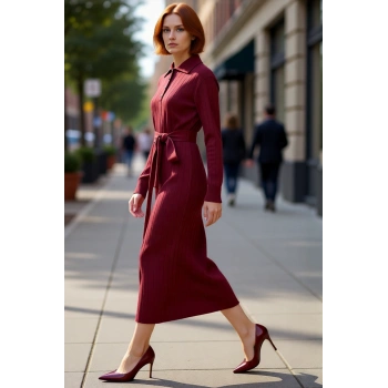 Kadın Polo Yaka Uzun Kollu Triko Maxi Elbise Akrilik Kumaş Kuşaklı Shift Kalıp Düz Tasarım