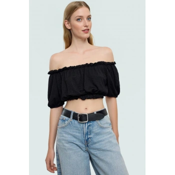 Kadın Polyester Bürümcük Dokuma Crop Bluz Carmen Yaka Kısa Kol Özel Tasarım Zarifane
