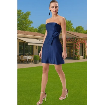 Kadın Polyester Mat Saten A Kesim Straplez Mini Abiye Elbise Rahat Kullanım Zarifane Tasarım