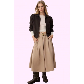 Kadın Polyester Midi Etek Kemerli Kloş Gabardin Dokuma Günlük Hafta Sonu Dayanıklı Malzeme