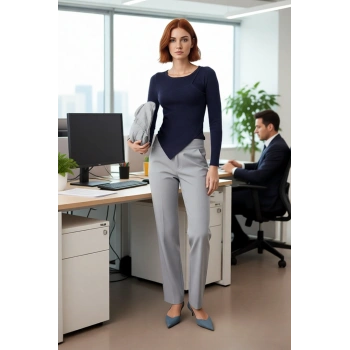 Kadın Premium İplik Lacivert Triko Kazak Şık Fitted Asimetrik Detaylı İlkbahar Sonbahar Kaliteli