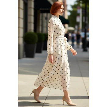 Kadın Puantiye Desenli Kuşaklı A line Şifon Maxi Elbise Dik Yaka Uzun Kollu Rahat Günlük Stil