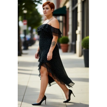 Kadın Puantiyeli Desenli A Line Kesim Kare Yaka İnce Askılı Fırfırlı Maxi Boy Elbise Yaz Stili