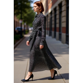 Kadın Puantiyeli Gömlek Yaka Maxi Boy Uzun Kol Skater Kesim Dokuma Viskoz Rahat Günlük Elbise