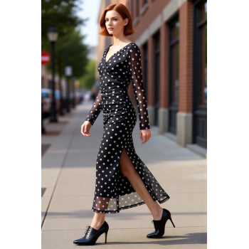 Kadın Puantiyeli Tül Örme Maxi Elbise Bodycon Kesimi V Yaka Uzun Kollu Şık Gece Ve Gündüz Stili