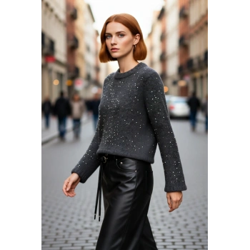 Kadın Pul Payetli Regular Kesim Crop Bisiklet Yaka Uzun Kol Yumuşak Dokulu Triko Kazak Kaliteli