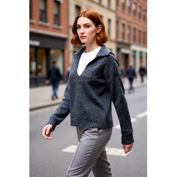 Kadın Rahat Kalıp Apaş Yaka Triko Kazak Orta Kalınlıkta Uzun Kol Kışlık Cool ve Konforlu Günlük Tarz