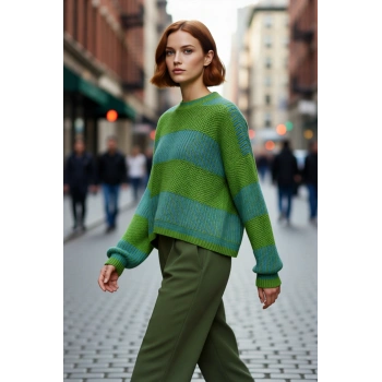 Kadın Rahat Kalıp Düşük Kol Bisiklet Yaka Renk Bloklu Akrilik Triko Kazak Günlük Kullanım Şıklığı.