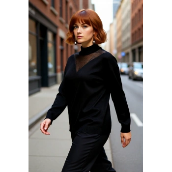 Kadın Rahat Kalıp Düz Triko Kazak Dik Yaka Uzun Kollu Tül Detaylı Günlük Şıklık İçin İdeal Seçim