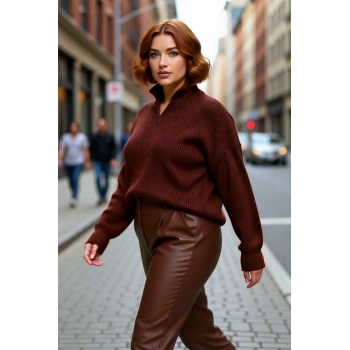 Kadın Rahat Kesim Düz Dokulu Dik Yaka Fermuarlı Uzun Kollu Akrilik Triko Kazak Kışlık Stil