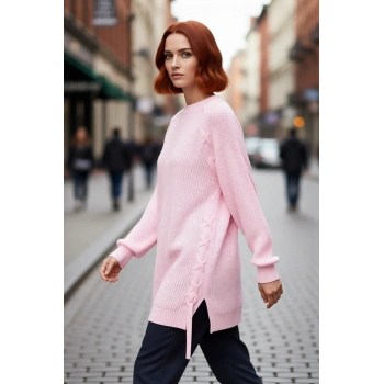 Kadın Rahat Kesim Reglan Kol Örgü Detaylı Selanik Dokuma Bisiklet Yaka Akrilik Triko Kazak