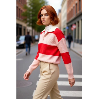 Kadın Rahat Kesim Renk Bloklu Polo Yaka Triko Kazak Soğuk Havalarda Şık ve Konforlu Seçim Kaliteli