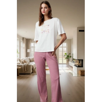 Kadın Rahat Pamuklu Pijama Takımı Kurdele Baskılı Örme Kumaş Modern Stil Seçkin Malzeme