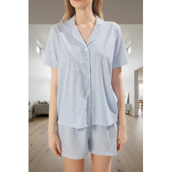 Kadın Rahat Yazlık Kalpli Pijama Takımı Örme Kumaş Regular Kalıp Kısa Kol Şık Görünüm