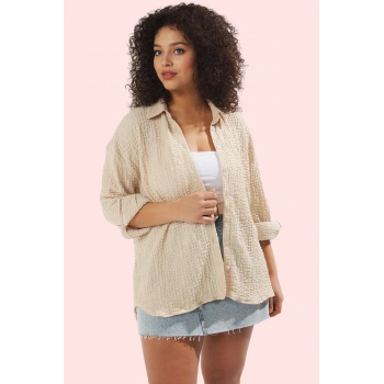 Kadın Regular Fit Büyük Beden Gömlek Yaka Dokulu Örme Kumaş Günlük Kullanım Modern Tasarım