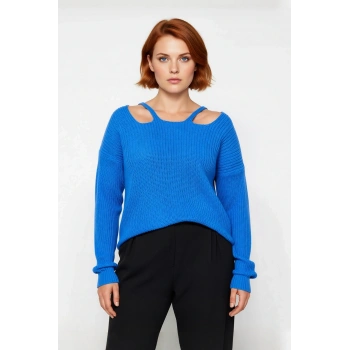 Kadın Regular Kalıp Akrilik Kare Yaka Kesik Omuz Detaylı Selanik Dokuma Uzun Kollu Triko Kazak