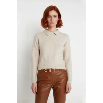 Kadın Regular Kalıp Akrilik Polo Yaka Saç Örgü Desenli Yumuşak Dokulu Triko Kazak Uzun Düşük Kol