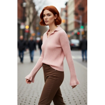 Kadın Regular Kalıp Apaş Yaka Düz Desen Volanlı Kol Triko Kazak Kışlık Zarif Kombinler Kaliteli