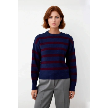 Kadın Regular Kalıp Bisiklet Yaka Düşük Kol Çizgili Omuz Düğme Detaylı Triko Kazak Kışlık Giyim