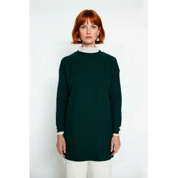 Kadın Regular Kalıp Bisiklet Yaka Düşük Kol Dantel İnci Detaylı Triko Pike Dokuma Tunik Kazak Modeli