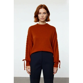 Kadın Regular Kalıp Bisiklet Yaka Düşük Kol Dokuma Detaylı Uzun Kollu Triko Tunik Kazak Kışlık