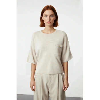 Kadın Regular Kalıp Bisiklet Yaka Kısa Kol Triko Bluz Modern Şık Cep Detaylı İlkbahar Sonbahar