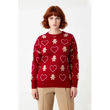 Kadın Regular Kalıp Bisiklet Yaka Yılbaşı Temalı Desenli Uzun Kol Akrilik Triko Kazak Kaliteli