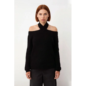 Kadın Regular Kalıp Carmen Yaka Detaylı Crop Boy Uzun Kollu Şık Akrilik Triko Kazak Kaliteli