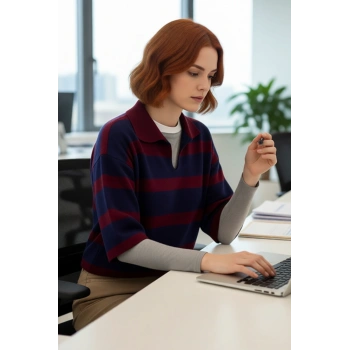 Kadın Regular Kalıp Çizgili Polo Yaka Triko Kazak İlkbahar Sonbahar İçin İdeal Basic Tasarım