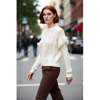 Kadın Regular Kalıp Dantelli İşlemeli Bisiklet Yaka Uzun Kollu Triko Kazak Casual Tarz Kaliteli