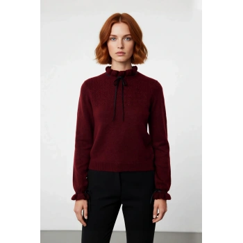 Kadın Regular Kalıp Dik Yaka Ajurlu Bağcıklı Detaylı Triko Kazak Kışlık Günlük Şık Kombinler İçin