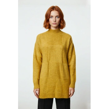 Kadın Regular Kalıp Dik Yaka Geometrik Desenli Uzun Kol Triko Tunik Kazak Soğuk Havalar İçin Şık Ve