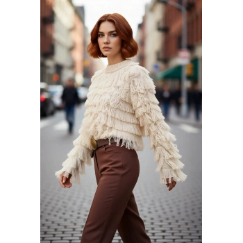 Kadın Regular Kalıp Dokulu Triko Kazak Bisiklet Yaka Püsküllü Tasarım Soğuk Havalar İçin Rahat