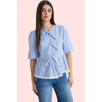 Kadın Regular Kalıp Ekose Terrycotton Gömlek Bisiklet Yaka Günlük Kombinler Modern Tasarım