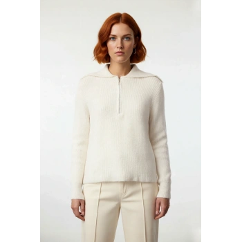 Kadın Regular Kalıp Fermuarlı Polo Yaka Selanik Dokuma Triko Kazak Kışlık Günlük Şıklık Kaliteli