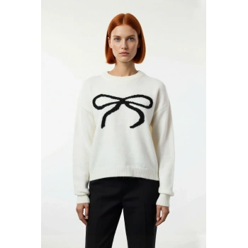 Kadın Regular Kalıp Modern Kurdele Desenli Bisiklet Yaka Uzun Kollu Triko Kazak Kış Şıklığı