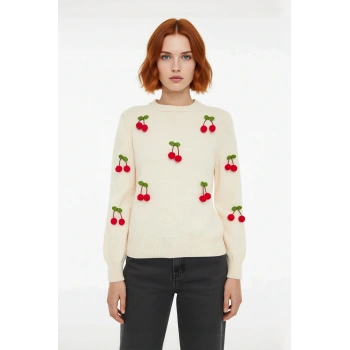 Kadın Regular Kalıp Nakışlı İşlemeli Bisiklet Yaka Uzun Kollu Triko Kazak Kış Sezonu İçin İdeal