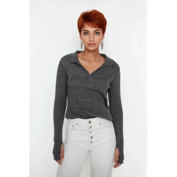 Kadın Regular Kalıp Polo Yaka Fitilli Uzun Kollu Triko Kazak Basic Şıklık Sunan Kışlık Tasarım