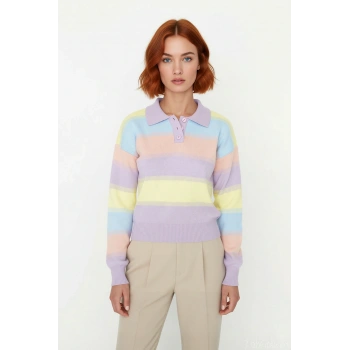 Kadın Regular Kalıp Polo Yaka Renk Bloklu Düşük Uzun Kollu Akrilik Triko Kazak Günlük Kullanım İçin