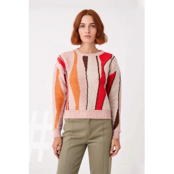 Kadın Regular Kalıp Renk Bloklu Bisiklet Yaka Triko Kazak Kışlık Düşük Kol Rahat Giyim Kaliteli