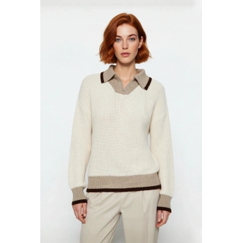 Kadın Regular Kalıp Renk Bloklu Dik Yaka Fermuarlı Triko Kazak Kış Sezonu İçin Şık Ve Rahat Bir