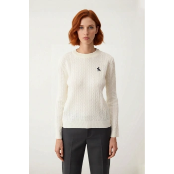 Kadın Regular Kalıp Saç Örgü Bisiklet Yaka At Nakışlı Akrilik Triko Kazak Kış Sezonu Şıklığı