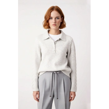 Kadın Regular Kalıp Saç Örgü Detaylı Polo Yaka Orta Kalınlık Triko Kışlık Uzun Kollu Kazak