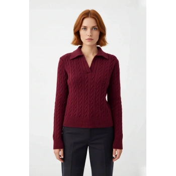 Kadın Regular Kalıp Saç Örgülü Polo Yaka Triko Kazak Kışlık Kombinlerin Vazgeçilmezi İdeal Seçim