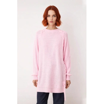 Kadın Regular Kalıp Selanik Dokuma Örgü Detaylı Bisiklet Yaka Uzun Kollu Akrilik Triko Kazak