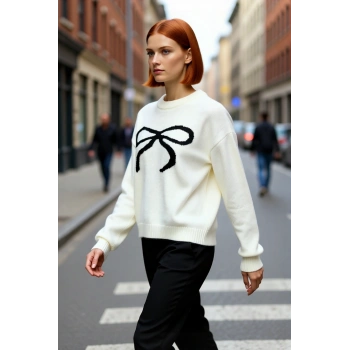 Kadın Regular Kalıp Şık Fiyonk Desenli Bisiklet Yaka Uzun Kollu Triko Kazak Kış Kombini Kaliteli